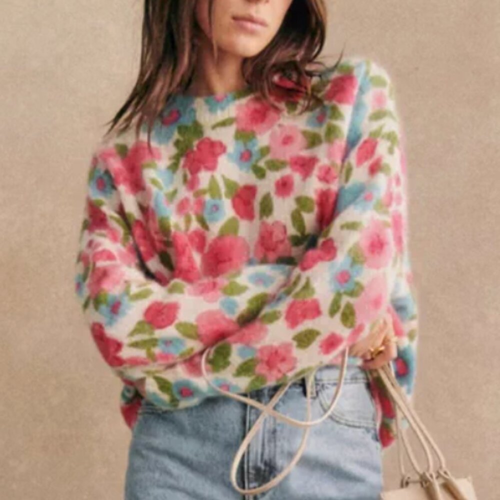 Sezane Janelia Jumper Sweater - Pink Flowers/ Turquoise Kid Mohair Knit French - Picture 1 of 11
